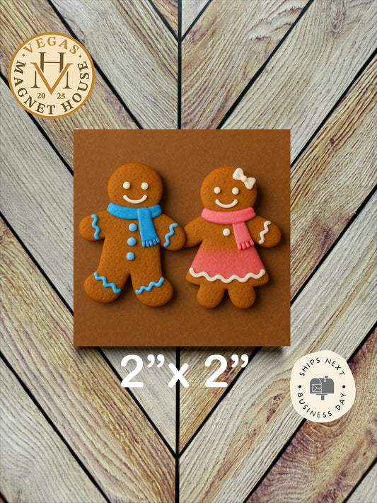 Gingerbread Couple pink and blue scarf  : Decorative Fridge Magnet (2x2")