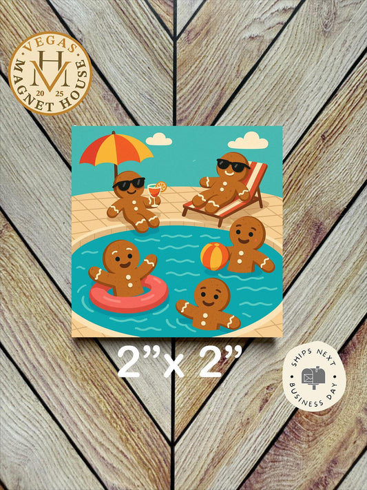 Gingerbread Pool Party : Decorative Fridge Magnet (2x2")