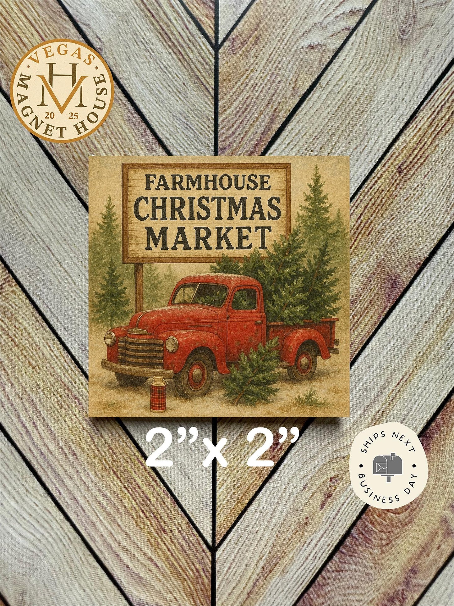 Christmas Market Fridge Magnet: Farmhouse Truck Decor (2x2")