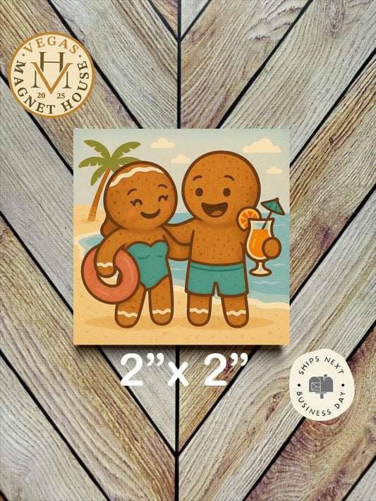 Gingerbread couple at the beach   : Decorative Fridge Magnet (2x2")