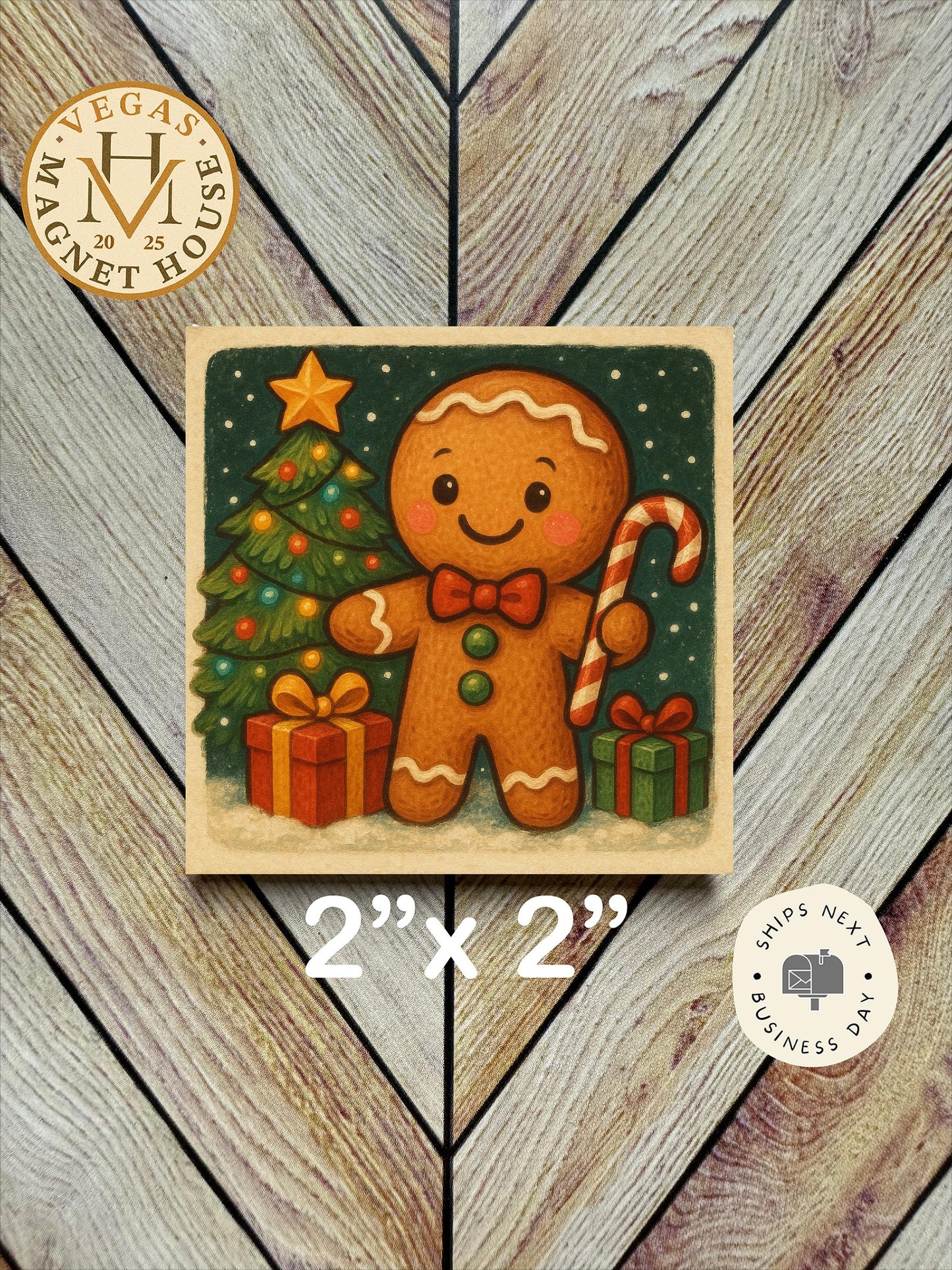 Gingerbread holding candy Cane with Christmas tree : Decorative Fridge Magnet (2x2")