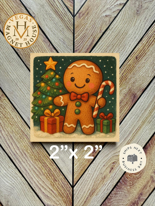 Gingerbread holding candy Cane with Christmas tree : Decorative Fridge Magnet (2x2")