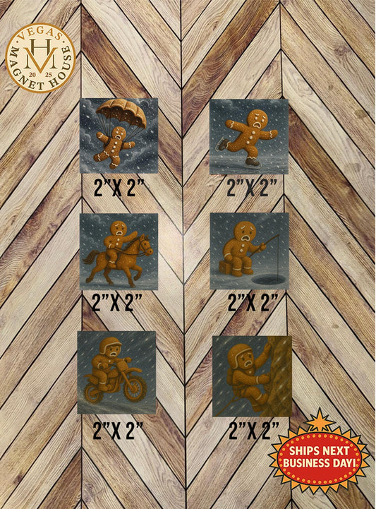 Gingerbreads Extreme Adventures  | Christmas Fridge Magnets, Set of 6