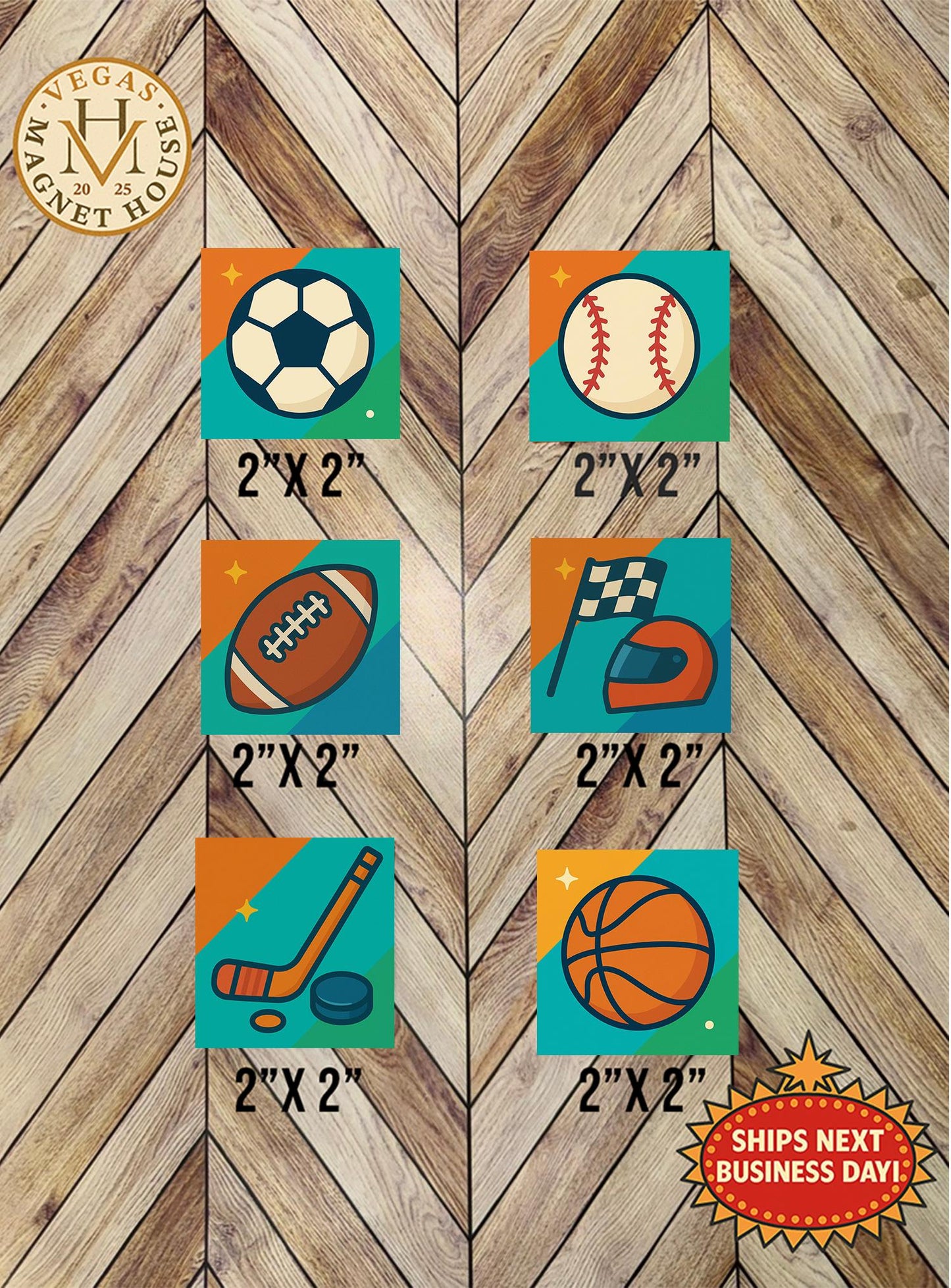 Sports Bundle of 6 magnets: Decorative Fridge Magnets (2x2")