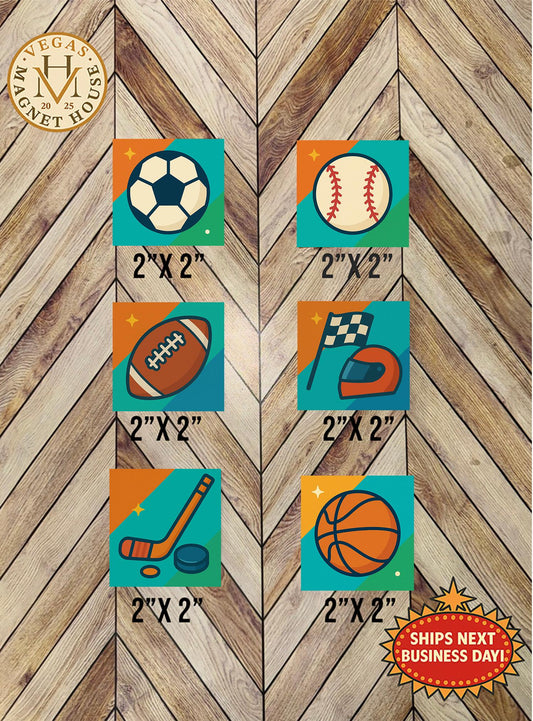 Sports Bundle of 6 magnets: Decorative Fridge Magnets (2x2")