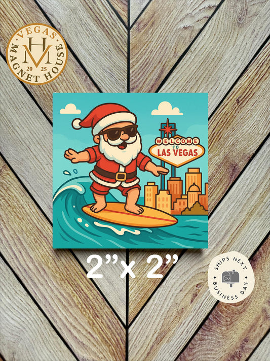 Santa Surfing in Las Vegas  : Decorative Fridge Magnet (2x2")